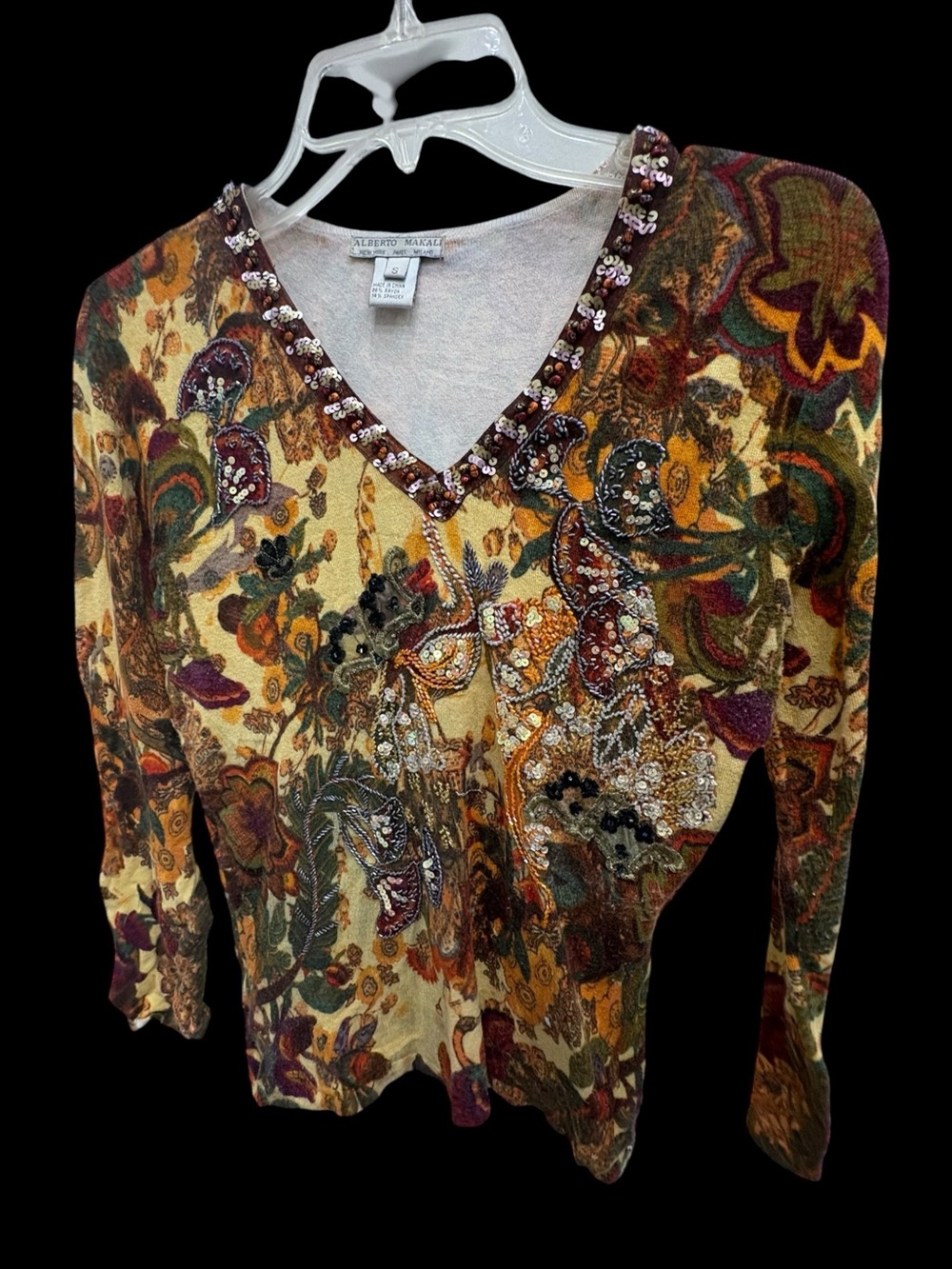 Alberto Makali Embellished Floral Sequin Beaded Top Boho Size S